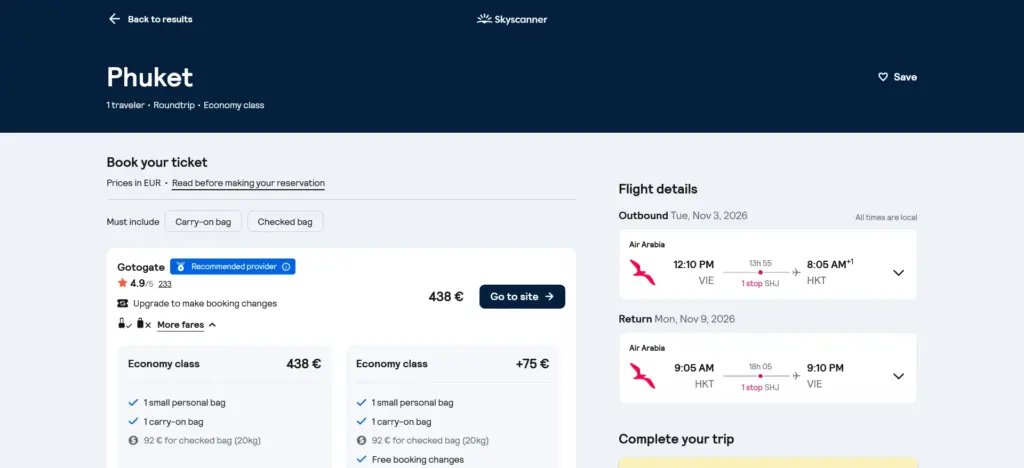 Viedeň (VIE) – Šardžá (SHJ) – Phuket (HKT) cez Skyscanner 438 € u predajcu Gotogate
