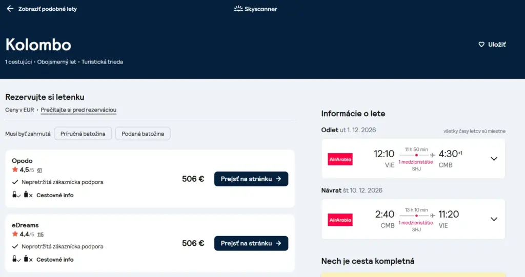 Viedeň (VIE) – Sharjah(SHJ) – Kolombo (CMB) – Sharjah(SHJ)  – Viedeň