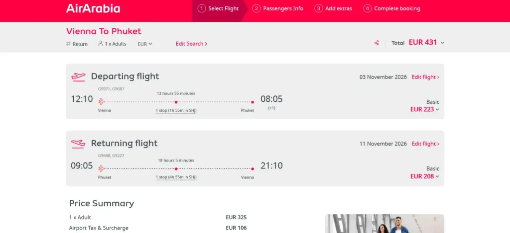 Viedeň (VIE) – Šardžá (SHJ) – Phuket (HKT) cez Air Arabia
