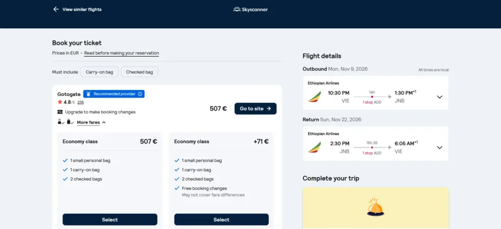 Spiatočná letenka Viedeň (VIE) – Johannesburg (JNB) cez Skyscanner s prestupom v Addis Abeba