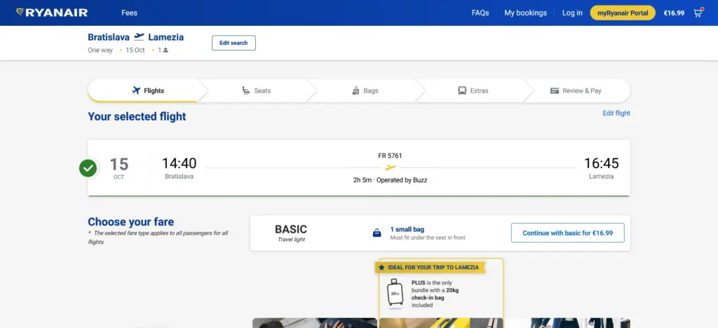 Let tam: Bratislava (BTS) – Lamezia Terme (SUF), Ryanair