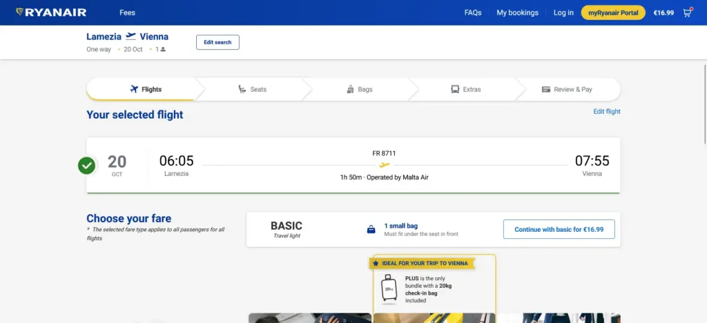 Let späť: Lamezia Terme (SUF) – Viedeň (VIE), Ryanair